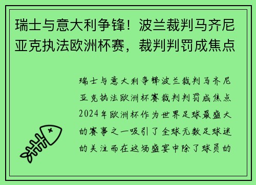 瑞士与意大利争锋！波兰裁判马齐尼亚克执法欧洲杯赛，裁判判罚成焦点
